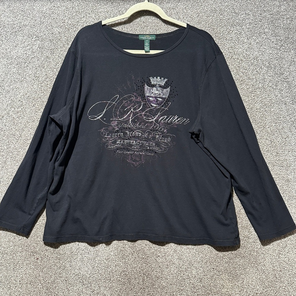 Lauren Ralph Lauren‎ T-Shirt Top Women 2X Black Bedazzled Crest Graphic Y2k